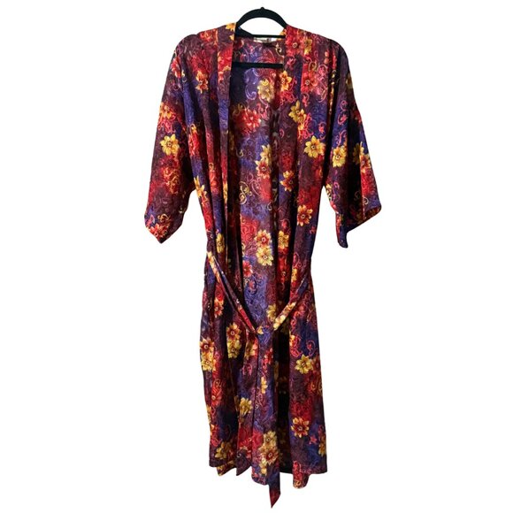 Vintage 80s LA Intimates Floral Kimono House Robe – Purple/Red/Yellow - Picture 3 of 9